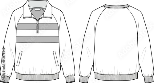 Front and back half zip sweatshirt technical fashion illustration with horizontal stripe panel, ribbed cuffs hem and pockets mockup