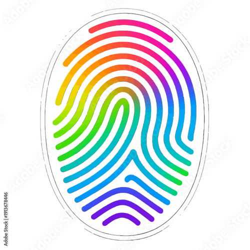 Digital Fingerprint Glowing in Rainbow Colors Sticker | Futuristic Glowing Biometric Fingerprint Illustration | Rainbow Neon Digital Fingerprint Tech Sticker | High Tech Cyber Fingerprint with Vibrant