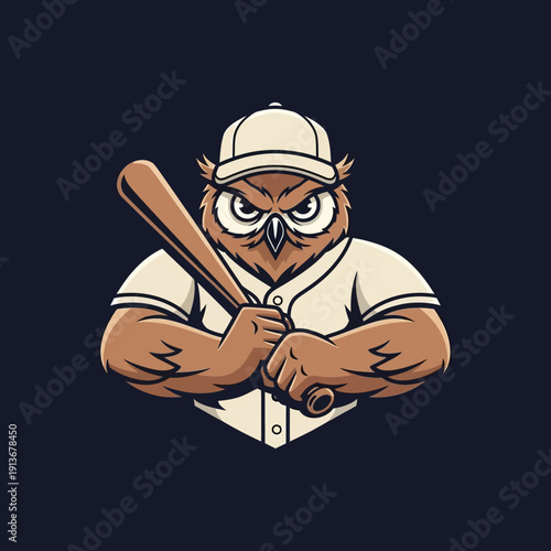Mascot Owl Holding Baseball Bat Ready to Play.