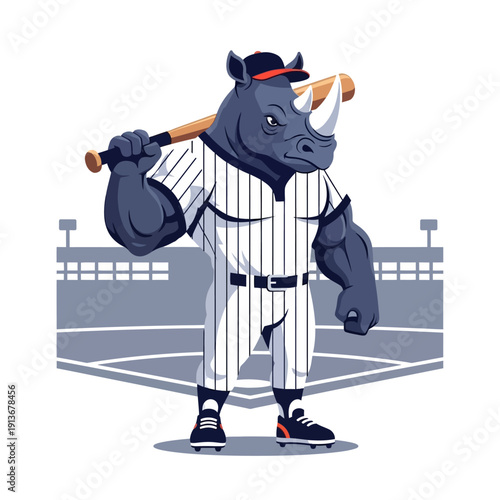 Rhino Baseball Player Mascot Holding Bat Ready to Play.