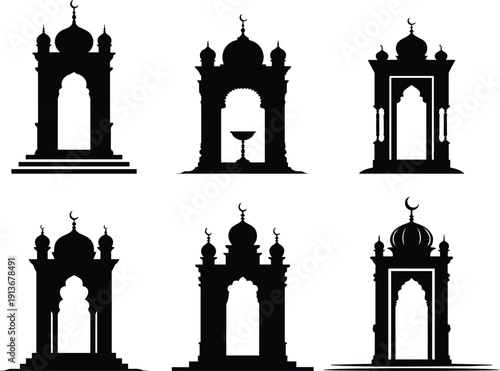 Set of Minimalist black minbar pulpit used for friday sermons silhouette vector icon