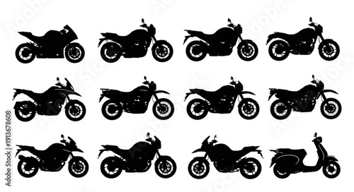 Collection of Motorcycle Silhouettes on White Background.