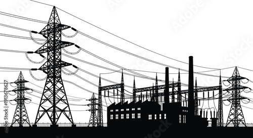 Silhouette illustration of electrical power station, industrial substation with transmission towers, high voltage power lines, energy infrastructure, electricity distribution system vector
