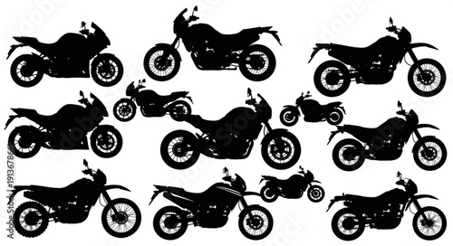 Collection of Motorcycle Silhouettes on White Background.