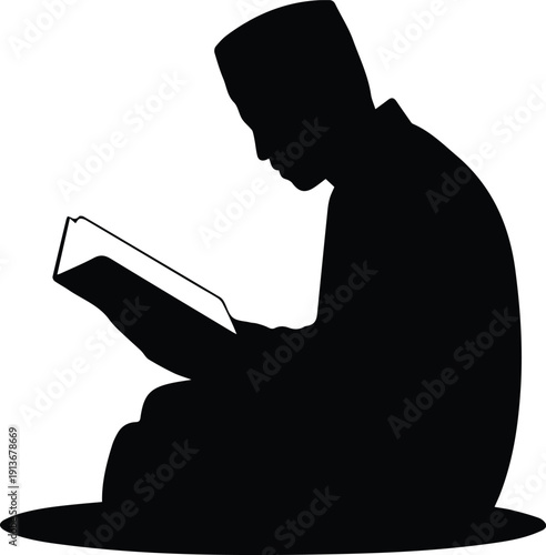 Muslim Man Reading Quran Silhouette Vector Illustration