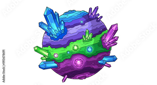 Vibrant crystal planet illustration with colorful gemstones