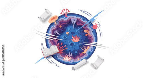 Vibrant cell structure illustration with books and scrolls