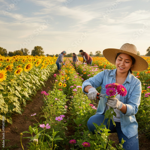 Young woman harvesting colorful flowers in sunflower and zinnia field at golden hour. Sustainable farming, floral cultivation and rural agriculture concept.