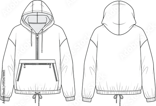 Front and back pullover hoodie technical fashion illustration with drawstring hem, kangaroo pocket and hood mockup