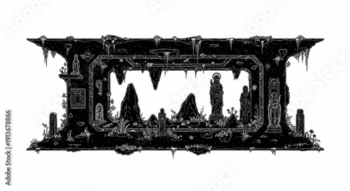 Mysterious ancient temple ruins with statues and mystical plants