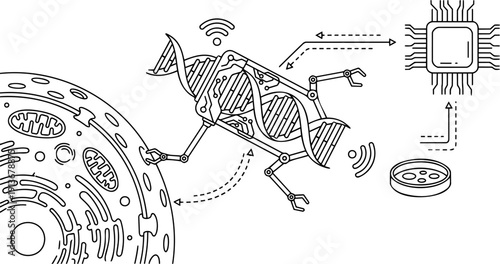 Vector Line Art of Medical Nanotechnology: DNA Nanobot Repairing Biological Cell with Microchip Control and Petri Dish