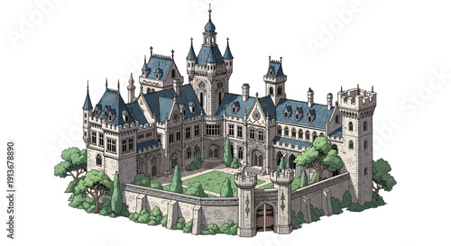 Majestic medieval castle with towers and lush greenery