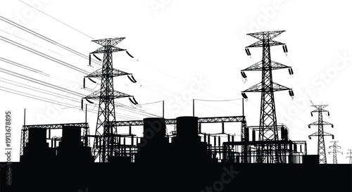 Silhouette illustration of electrical power substation, high voltage transmission