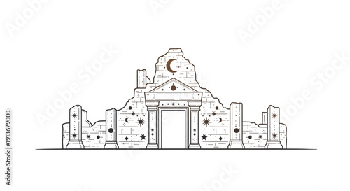 Ancient mystical temple entrance with celestial symbols