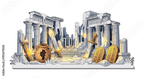 Ancient Greek temple ruins with artifacts and treasures uncovered