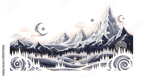 Stunning mountain landscape with snow covered peaks under starry night sky