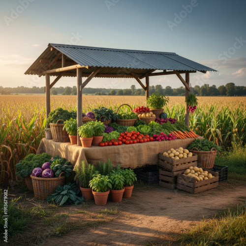 Outdoor Farmers Market Stall with Tomatoes, Carrots, Cabbage and Potatoes