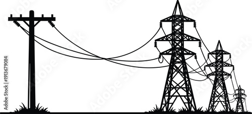 Silhouette illustration of electrical transmission towers, utility pole with power lines, energy infrastructure concept, black and white vector art design