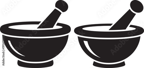Two black silhouette icons of a mortar and pestle, representing grinding, mixing, or preparing ingredients for culinary or medicinal use