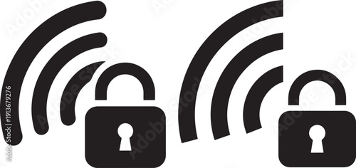 Set of two icons depicting a locked padlock with radiating signal waves, symbolizing secure wireless network connection or data privacy