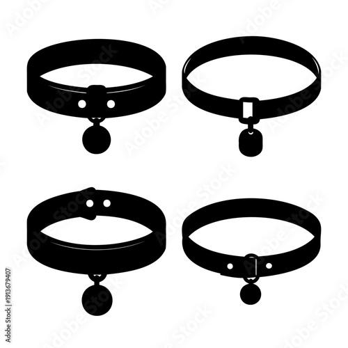Four distinct black collar designs featuring small hanging bells for pet accessories or fashion