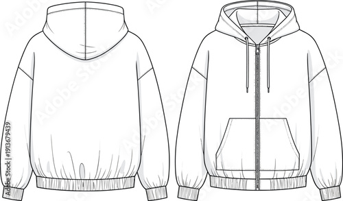 Front and back zip hoodie technical fashion illustration with drawstring hood, ribbed cuffs hem and kangaroo pocket mockup