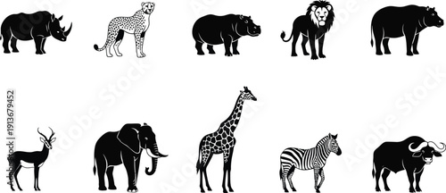 Collection of ten black and white stylized African safari mammal icons includes a lion, zebra, and elephant on a plain backdrop.