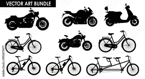 Collection of Silhouetted Motorcycles Bicycles and Scooter Vector Art.