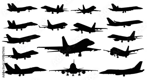 Collection of Silhouette Fighter Jets and Airplanes in Various Poses.