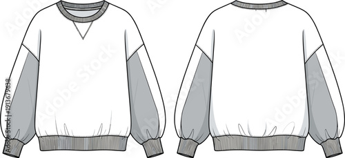 Front and back sweatshirt technical fashion illustration with contrasting sleeves, ribbed collar cuffs and elastic hem mockup design