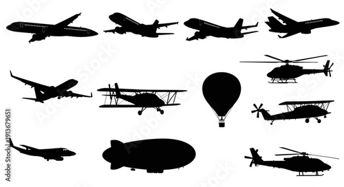 Collection of Silhouetted Aircraft and Airships on White Background.