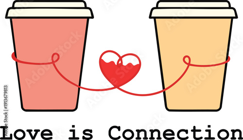 Minimal love connection illustration with two takeaway coffee cups linked by a heart shaped string, symbolizing romance, emotional bond, long-distance love, and warm relationship moments.