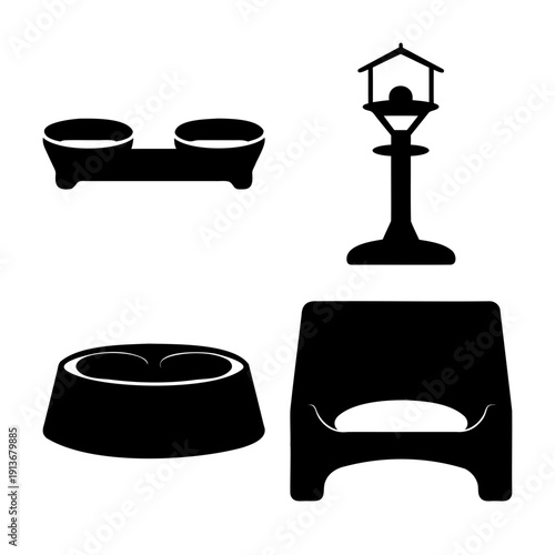 Collection of essential pet care items and a charming bird feeder in clean silhouette icons