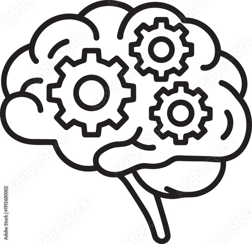 Brainstorming and intellect concept with human brain and mechanical gears processing line art