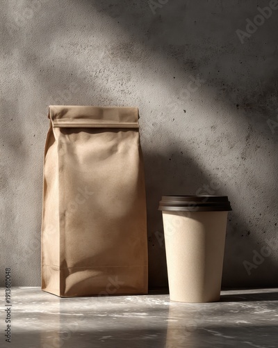 Rustic Coffee Takeaway - Brown Paper Bag  Disposable Cup with Striking Sunlight Shadows on Textured Concrete Wall.