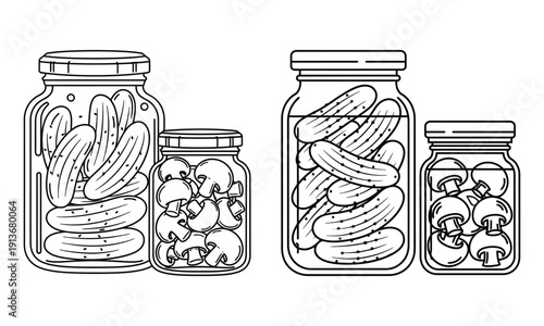 Fermented foods icons: pickled vegetables in jars
