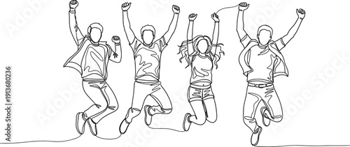 Wallpaper Mural Line drawing silhouettes of people jumping, arms raised, celebration pose, unity teamwork concept, joyful energy, vector illustration design elements Torontodigital.ca