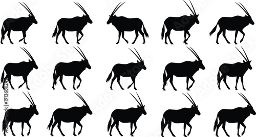 Oryx gazelle silhouette collection, black gemsbok antelope vector set, african wildlife icons, desert animal shapes, safari hunting trophies, isolated nature elements