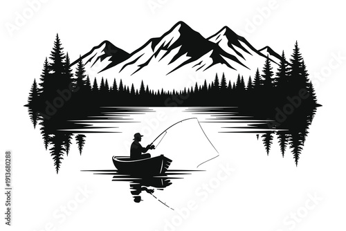 fishing boat silhouette and mountain