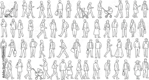 Line drawing silhouettes of people, walking and standing, diverse clothing styles, urban crowd illustration, pedestrian activity, vector design elements