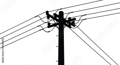 Silhouette utility pole with multiple power lines, electrical distribution infrastructure vector illustration, urban and rural energy supply system, industrial design element