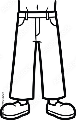 Cartoon drawing depicts the lower body section wearing wide-legged blue jeans and casual shoes against a white background.