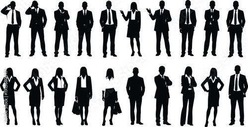 Silhouette business professionals, corporate diversity, office attire, suits and briefcases, professional poses, teamwork concept, vector illustration design elements