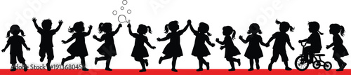 Silhouette children playing, running, jumping, holding hands, blowing bubbles, tricycle riding, joyful childhood activities, vector illustration design elements