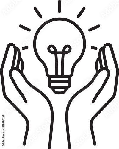 Idea protection and incubation concept with two hands holding glowing lightbulb line icon