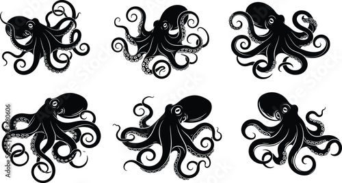 Black octopus silhouette vector collection, detailed sea creature icons, kraken tentacles set, marine life illustrations, ocean animal graphics for logo design