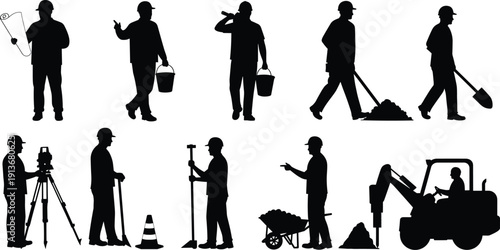 Silhouettes of construction workers performing diverse tasks, teamwork on building site, infrastructure labor roles, heavy equipment operation, industry teamwork illustration vector