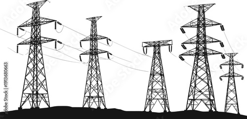 Silhouette of electricity pylons, high voltage transmission towers on uneven terrain,