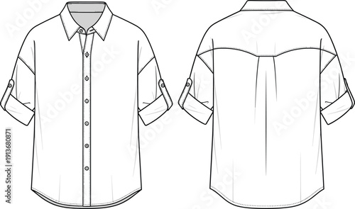 Men short sleeve button shirt front and back flat sketch illustration with roll tab cuffs for casual apparel design