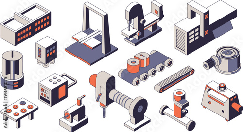 Isometric industrial manufacturing equipment set, factory machines, conveyor system, production line, engineering tools, vector illustration collection design